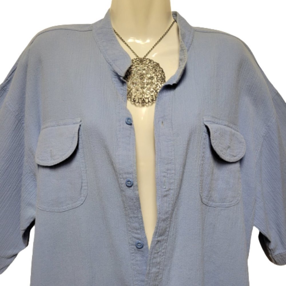 Large Solid Blue Button Down Casual Cotton Shirt- UNISEX - Picture 2 of 13